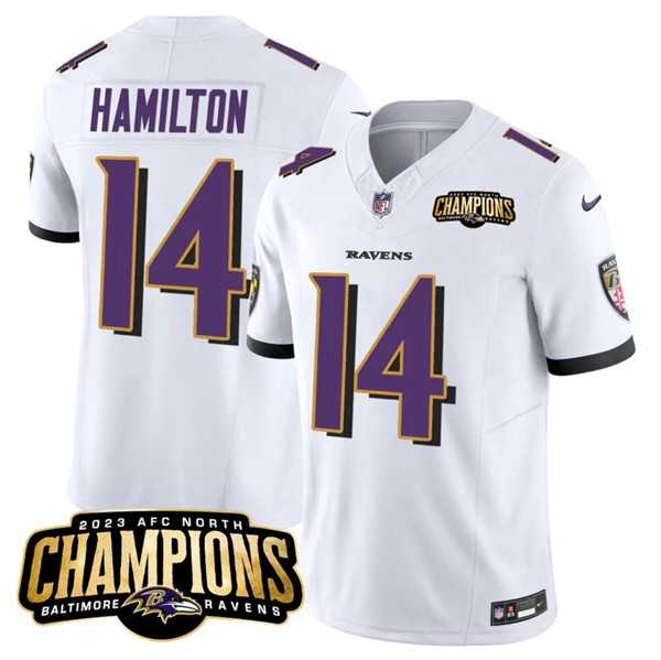 Men & Women & Youth Baltimore Ravens #14 Kyle Hamilton White 2023 F.U.S.E. AFC North Champions Vapor Limited Jersey